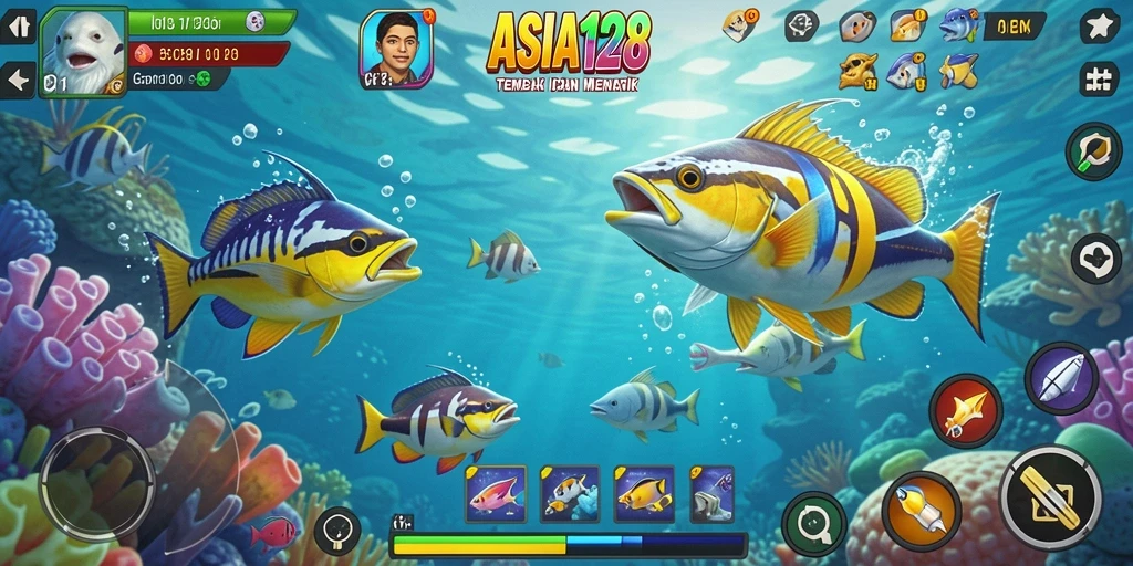 Screenshot menunjukkan aksi menembak ikan dalam ASIA128.