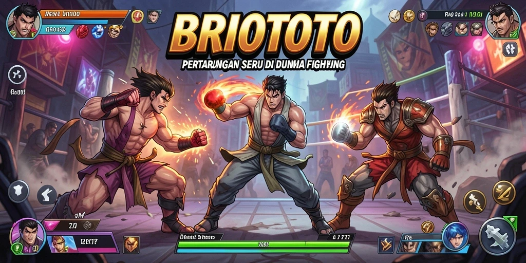 Tangkapan layar BRIOTOTO menampilkan karakter bertarung di arena yang menegangkan.
