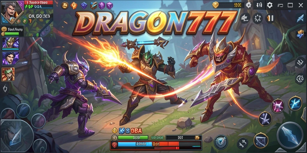 Screenshot utama DRAGON777 menampilkan aksi pertempuran seru dalam MOBA.