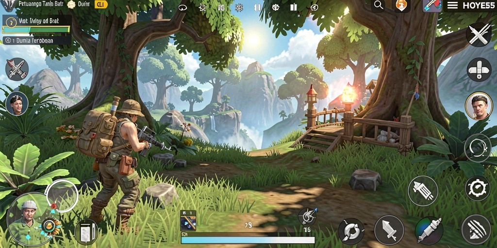 Screenshot gameplay HOYE55 menampilkan eksplorasi dunia terbuka yang menakjubkan.