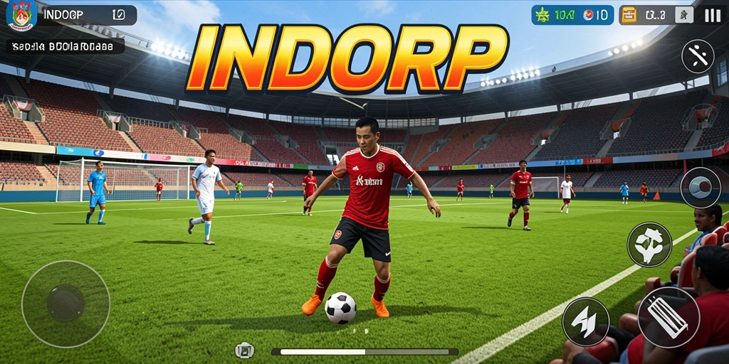 Screenshot dari gameplay INDORP yang menampilkan aksi sepak bola.