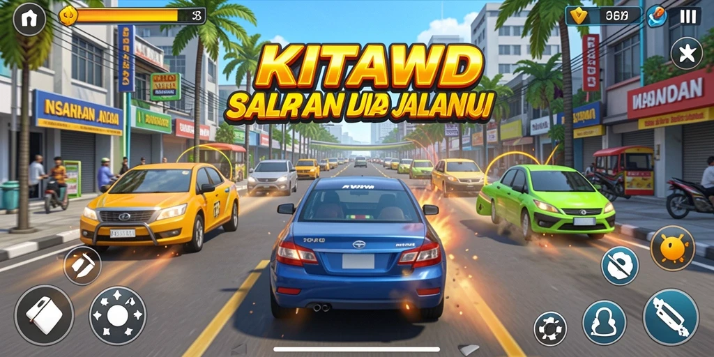 Screenshot gameplay KITAWD menunjukkan balapan seru di jalanan yang menegangkan.