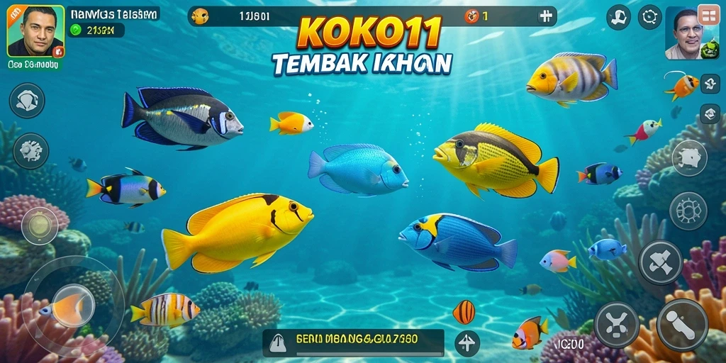 Tampilan gameplay KOKO11 dengan beragam ikan dan senjata menonjol.
