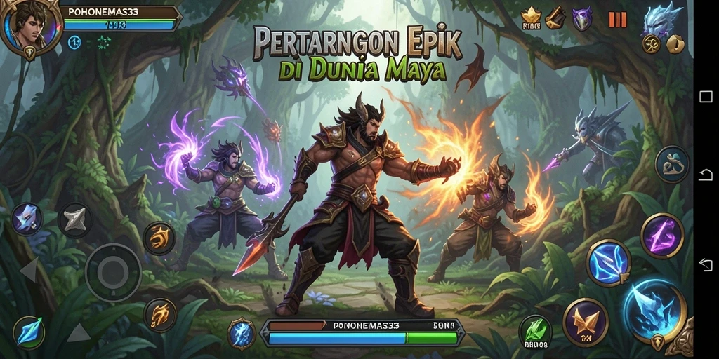 Screenshot gameplay POHONEMAS33 menampilkan pertarungan seru antara karakter dalam arena.