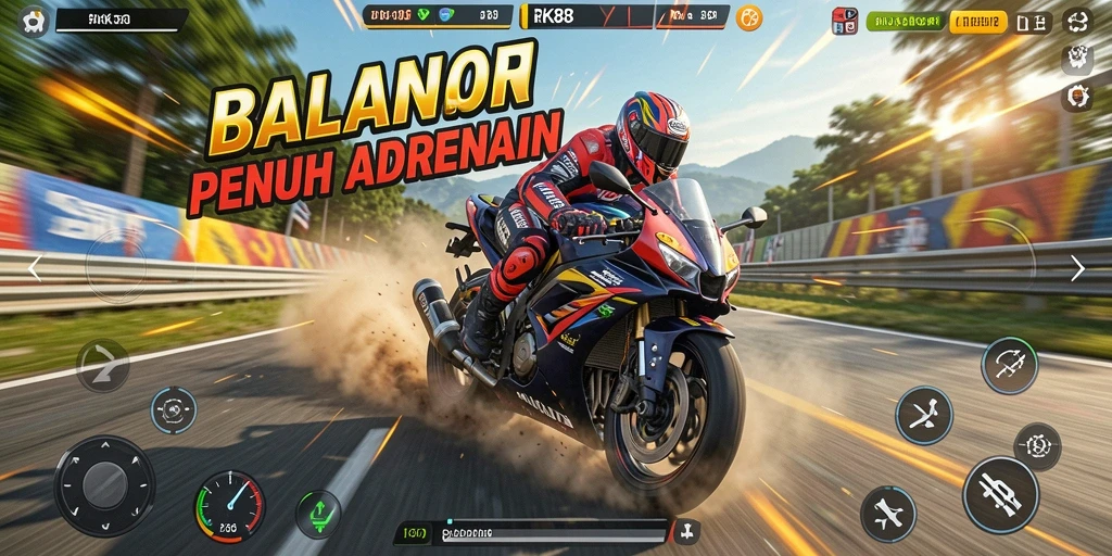 Tampilan gameplay RK88 dengan motor balap yang memukau.