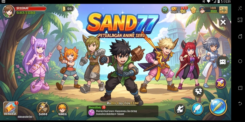 Tangkapan layar gameplay SAND77 menampilkan pertempuran epik karakter anime.