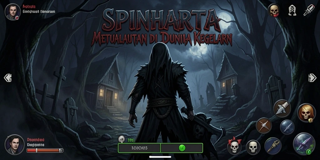 Tangkapan layar gameplay SPINHARTA menampilkan suasana gelap dan mencekam.