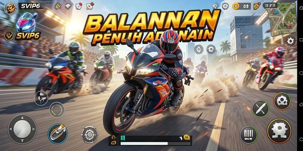 Tampilan gameplay balapan motor yang seru dan mendebarkan.