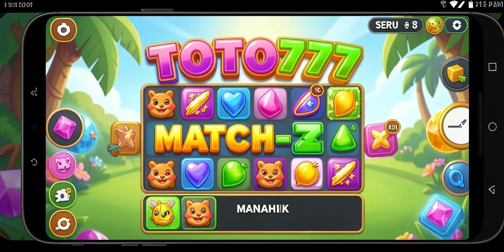 Screenshot dari gameplay TOTO777 yang menampilkan kombinasi permata Match-3.