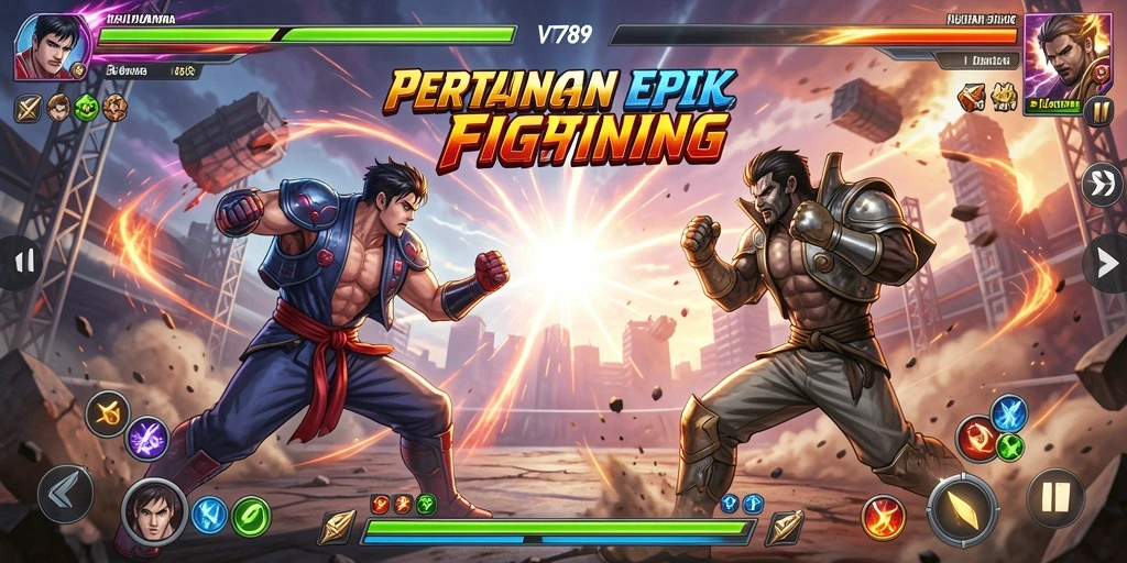Tampilan gameplay seru dengan karakter bertarung di arena.