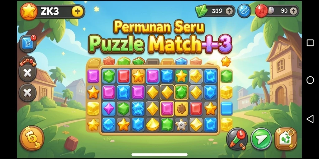 Tangkapan layar gameplay ZK3 yang menunjukkan pencocokan batu permata.